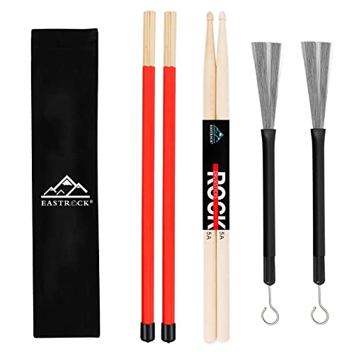 EastRock DrumSticks-Set enthält 5A Drumsticks, Drum Rods Sticks und eine einziehbare Drum-Bürste mit Aufbewahrungstasche von EASTROCK