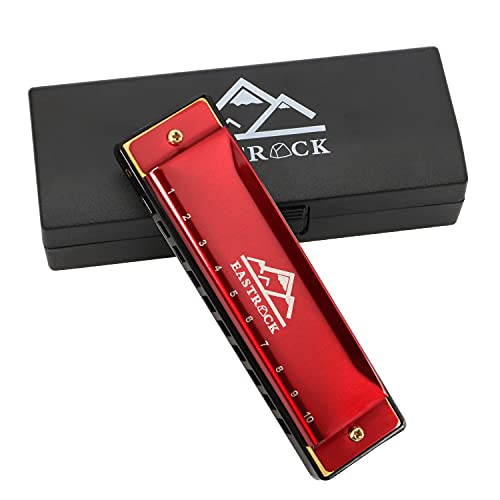 EastRock Mundharmonika 10 Löcher 20 Melodien Blues Mundharmonika Tonart C Mundharmonika für Anfänger Erwachsene Kinder Geschenk mit Etui und Reinigungstuch (rot) von EASTROCK