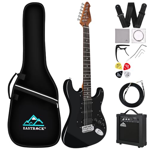 Eastrock E Gitarre Set E Guitar 39 Zoll Elektrogitarre mit Verstärker 10 Watt，Gitarre Tasche, Plektrum, Gurt, Stimmgerät, Instrumentenkabel, Ersatzsaiten,E Gitarren Set in Schwarz von EASTROCK