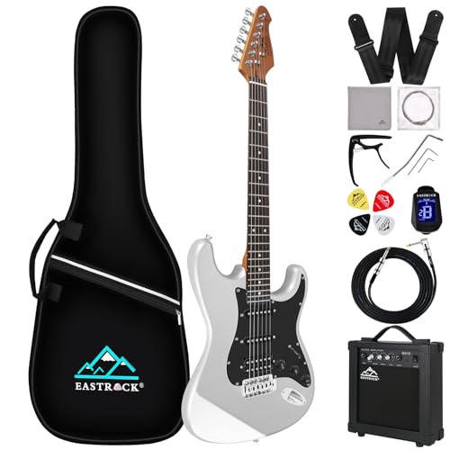 Eastrock E Gitarre Set E Guitar 39 Zoll Elektrogitarre mit Verstärker 10 Watt，Gitarre Tasche, Plektrum, Gurt, Stimmgerät, Instrumentenkabel, Ersatzsaiten,E Gitarren Set in Silber von EASTROCK