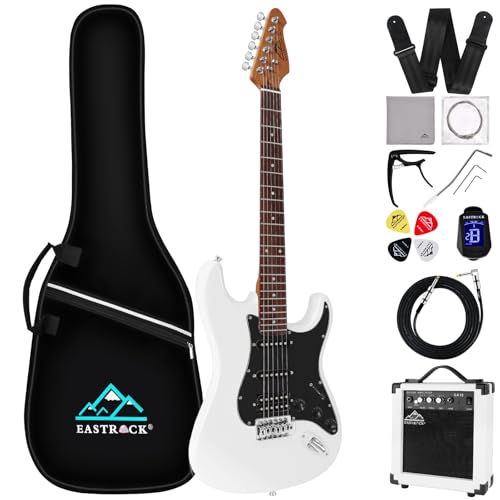 Eastrock E Gitarre Set E Guitar 39 Zoll Elektrogitarre mit Verstärker 10 Watt，Gitarre Tasche, Plektrum, Gurt, Stimmgerät, Instrumentenkabel, Ersatzsaiten,E Gitarren Set in Weiß von EASTROCK