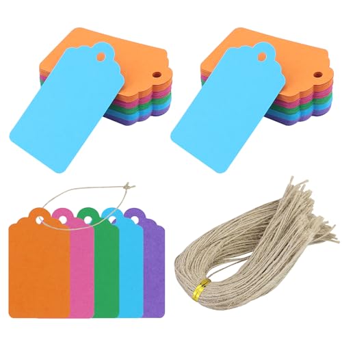 Geschenkanhänger Kraftpapier Anhänger Etiketten 7x4 cm, 150 Stück Tags und 150 Stück Juteschnur, für Basteln Weihnachts Hochzeits Geschenke (5 Farben) von EASYKEENECOM