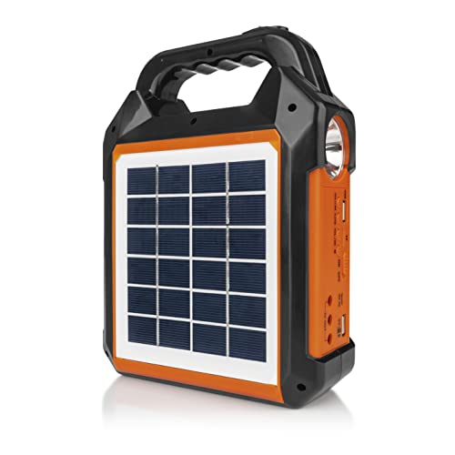 EASYmaxx Solar-Generator Kit 10000mAh | 2 Auflademodi: Solarpanel oder USB | Zum Aufladen von Handy, Powerbank, u.v.m. | Integriertes FM-Radio und Lautsprecher inkl. [Schwarz/Orange] von EASYmaxx