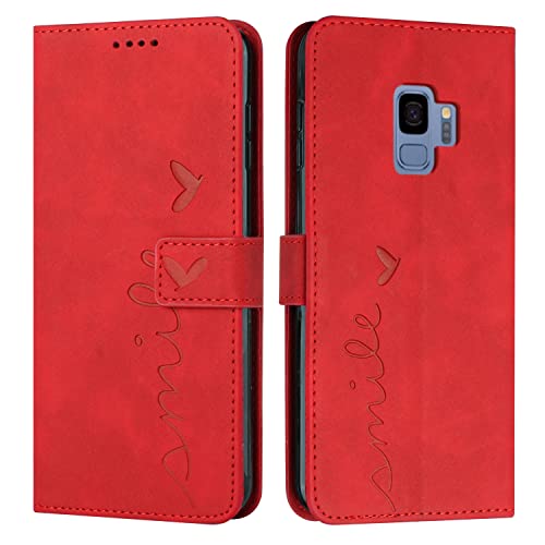 EATCYE Kompatibel mit Samsung Galaxy S9 Hülle, Klapphülle Samsung Galaxy S9 Premium PU Leder Brieftasche Schutzhülle [Kartenfach][Ständer], Handyhülle für Samsung Galaxy S9 (#Rot) von EATCYE