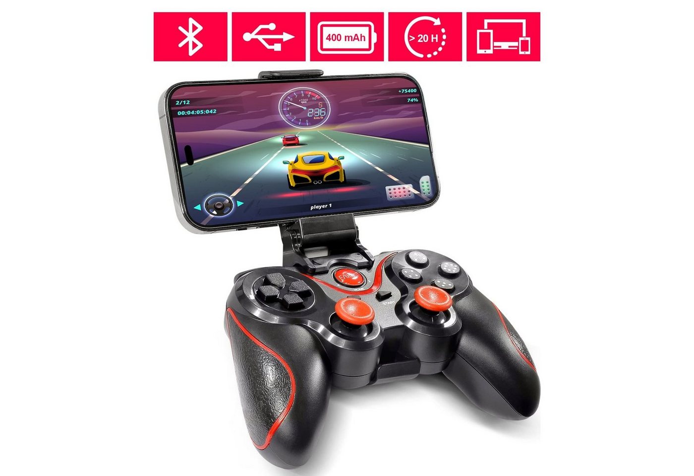 EAXUS Bluetooth Gamepad für Fire TV, Smartphone, Android, Google TV & Co. Controller (inkl. Smartphone-Halterung, Auch für Cloud Gaming, Handy & VR) von EAXUS