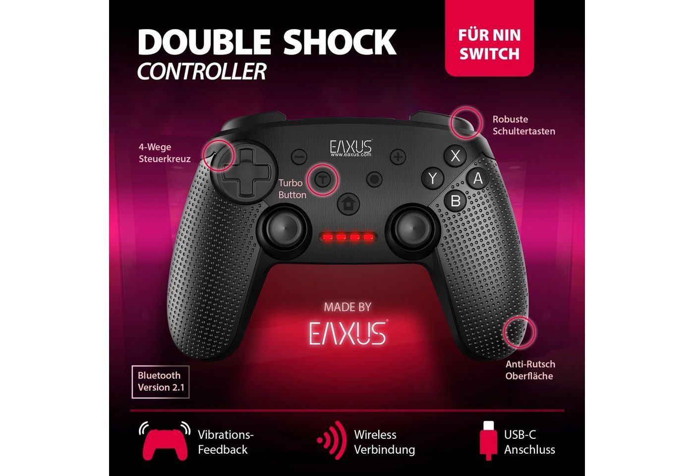 EAXUS Kabelloser DoubleShock Controller für Nintendo Switch Switch-Controller (1 St., Bluetooth Gamepad, mit Turbo-Funktion) von EAXUS