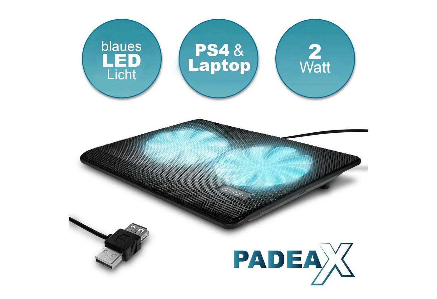 EAXUS Notebook-Kühler Padeax für PlayStation 4, Laptops & weitere Konsolen. Lüfter Kühler, auch PS5, mit blauer LED-Beleuchtung von EAXUS