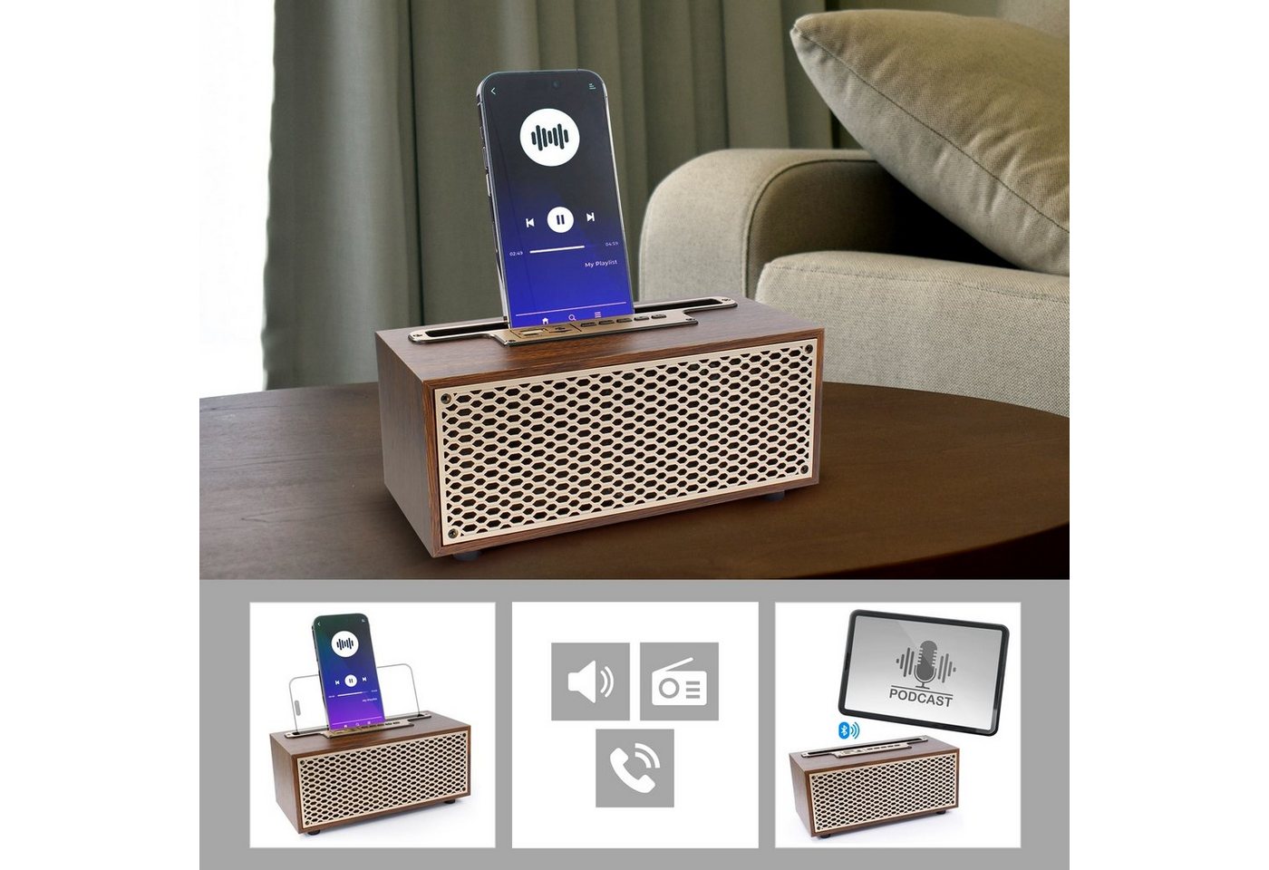 EAXUS XM-5H Premium Bluetooth Lautsprecher in edler Vintage Holz-Optik Bluetooth-Lautsprecher (Bluetooth, Mit Radio, USB, microSD-Slot & Freisprechfunktion) von EAXUS