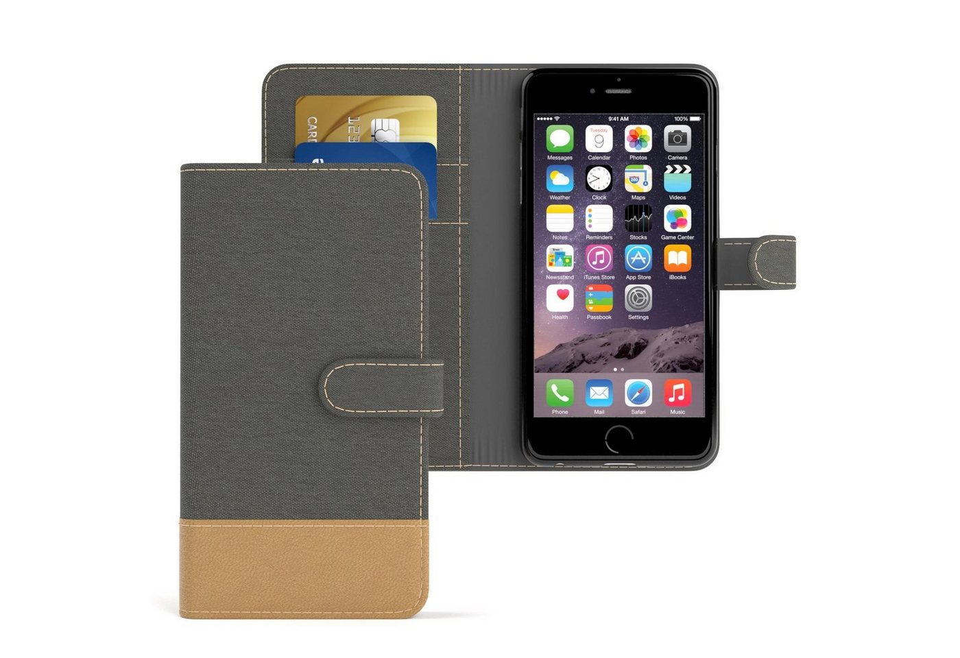 EAZY CASE Handyhülle Bookstyle Jeans für Apple iPhone 6 / iPhone 6s 4,7 Zoll, Handytasche zum Aufklappen mit Standfunktion flipcase Grau Anthrazit von EAZY CASE