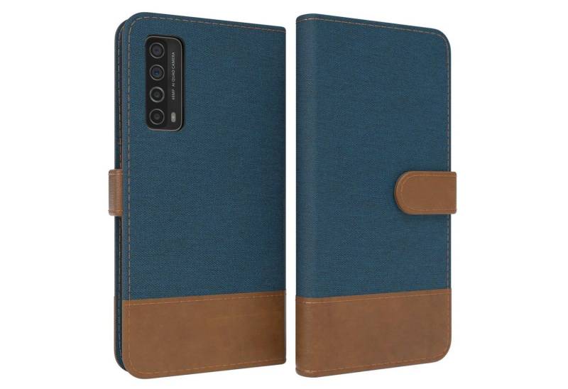 EAZY CASE Handyhülle Bookstyle Jeans für Huawei P Smart 2021 / Y7a 6,67 Zoll, Klappcase mit Standfunktion und Kartenfach Stoff Schutzhülle Blau von EAZY CASE