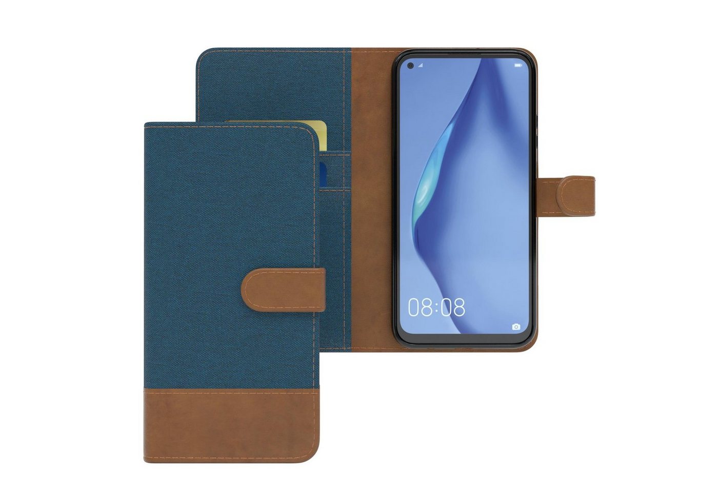 EAZY CASE Handyhülle Bookstyle Jeans für Huawei P40 Lite / Nova 7i 6,4 Zoll, Klappcase mit Standfunktion und Kartenfach Stoff Schutzhülle Blau von EAZY CASE