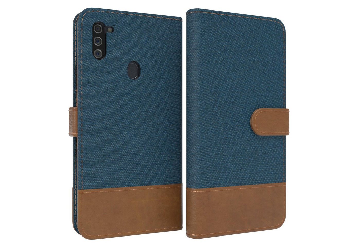 EAZY CASE Handyhülle Bookstyle Jeans für Samsung Galaxy M11 6,4 Zoll, Klappcase mit Standfunktion und Kartenfach Stoff Schutzhülle Blau von EAZY CASE