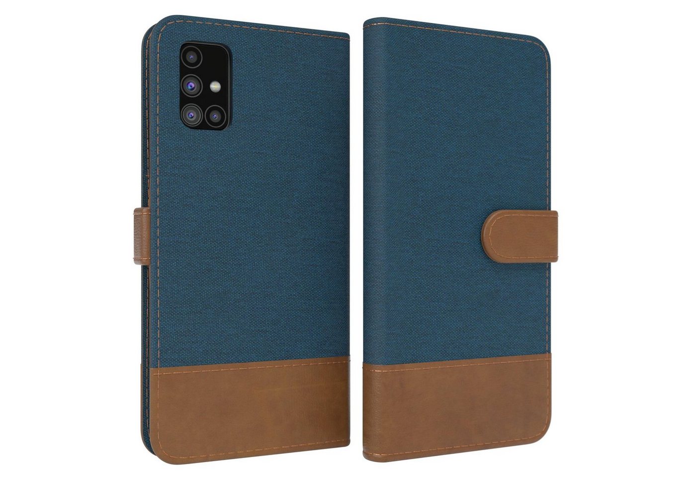 EAZY CASE Handyhülle Bookstyle Jeans für Samsung Galaxy M31s 6,5 Zoll, Klappcase mit Standfunktion und Kartenfach Stoff Schutzhülle Blau von EAZY CASE