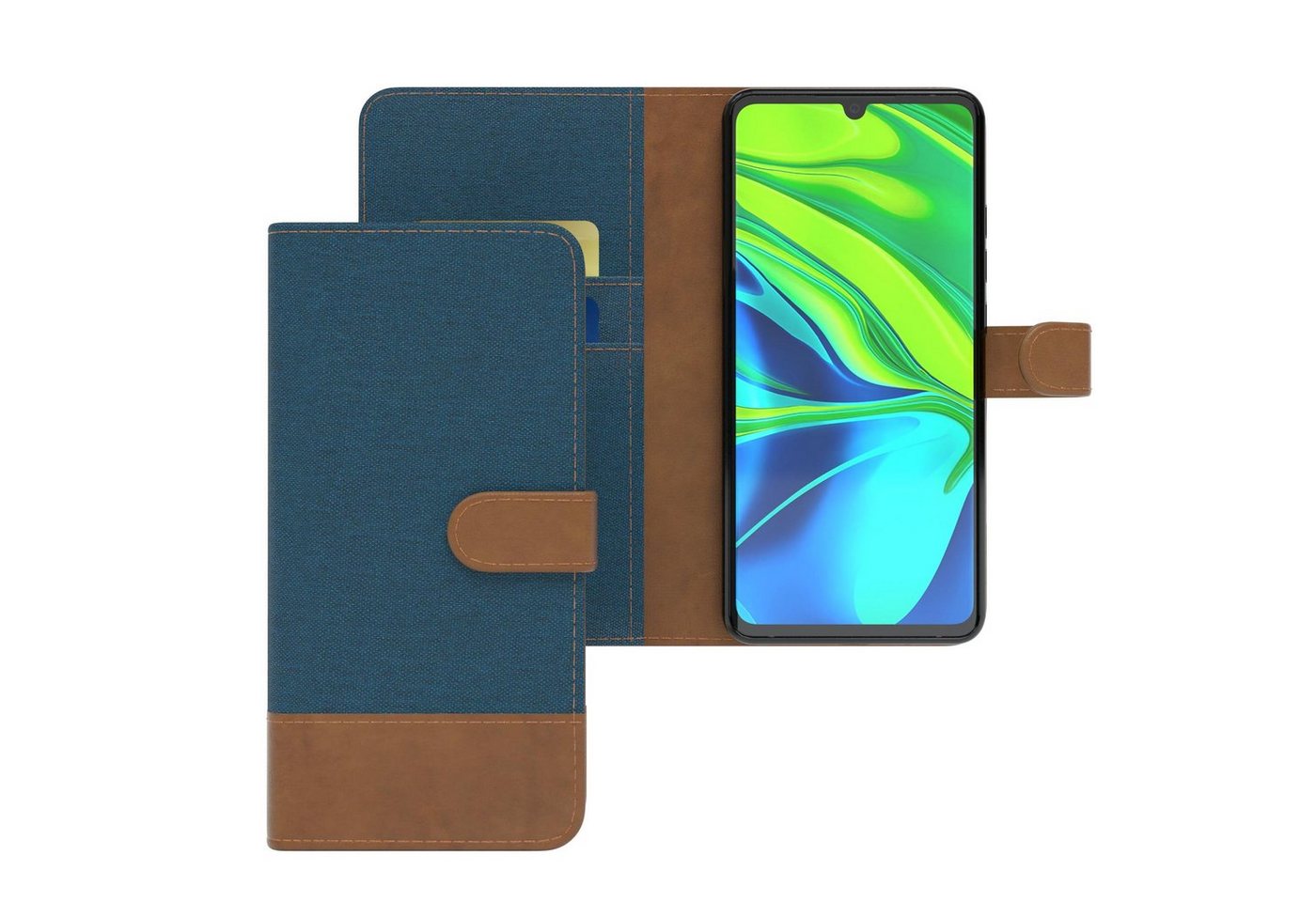 EAZY CASE Handyhülle Bookstyle Jeans für Xiaomi Mi Note 10 /Note 10 Pro 6,47 Zoll, Klappcase mit Standfunktion und Kartenfach Stoff Schutzhülle Blau von EAZY CASE