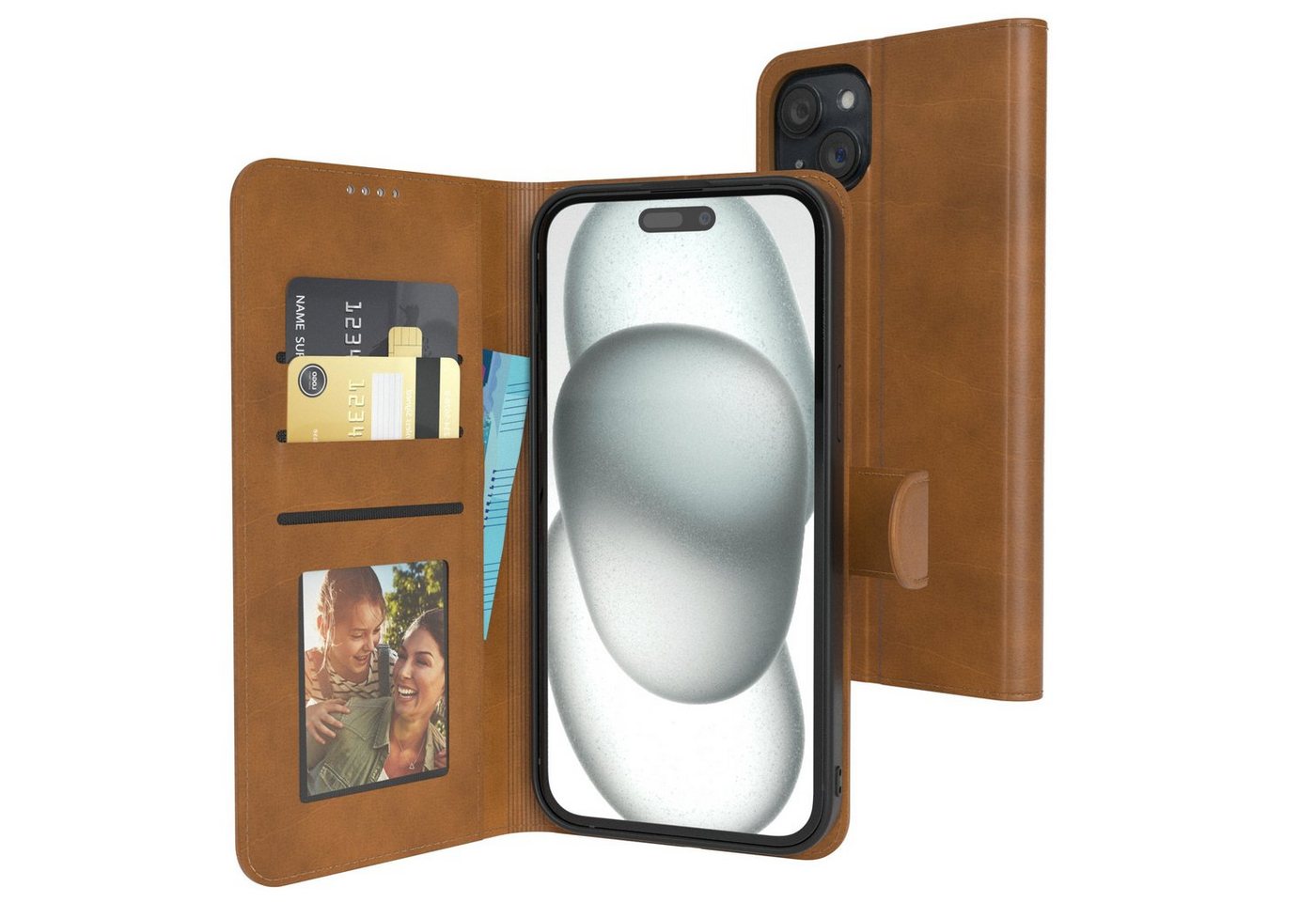 EAZY CASE Handyhülle Business Handytasche Kartenfach für iPhone 15 Plus 6,7 Zoll, Flipcase mit Sichtfenster für Foto Klapp Hülle Kartenetui Hellbraun von EAZY CASE