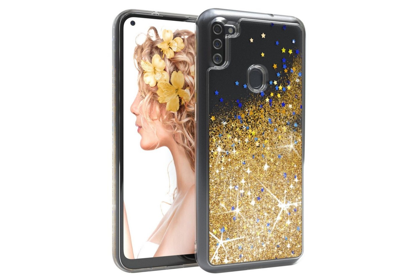 EAZY CASE Handyhülle Liquid Glittery Case für Samsung Galaxy M11 6,4 Zoll, Durchsichtig Back Case Handy Softcase Silikonhülle Glitzer Cover Gold von EAZY CASE