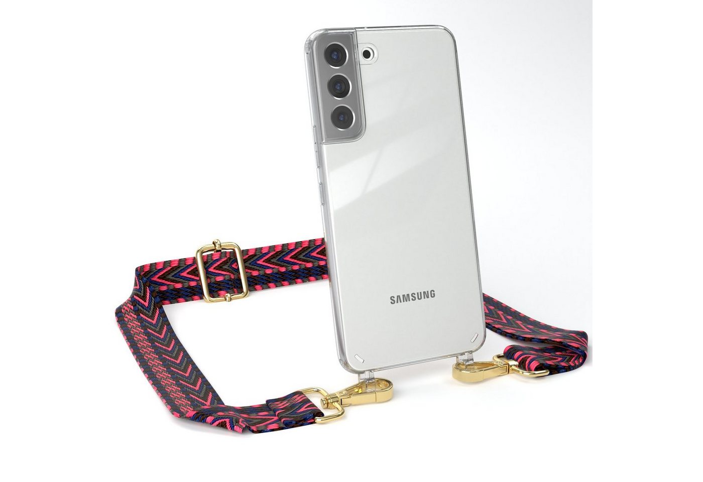 EAZY CASE Handyhülle Samsung Galaxy S22 Plus 5G Chain Eyelets Slim Neck Strap Zig Zag hot 6,6 Zoll, Kameragurt zum Umhängen Handy Case Transparent Silicon Bumper Bag Blau von EAZY CASE