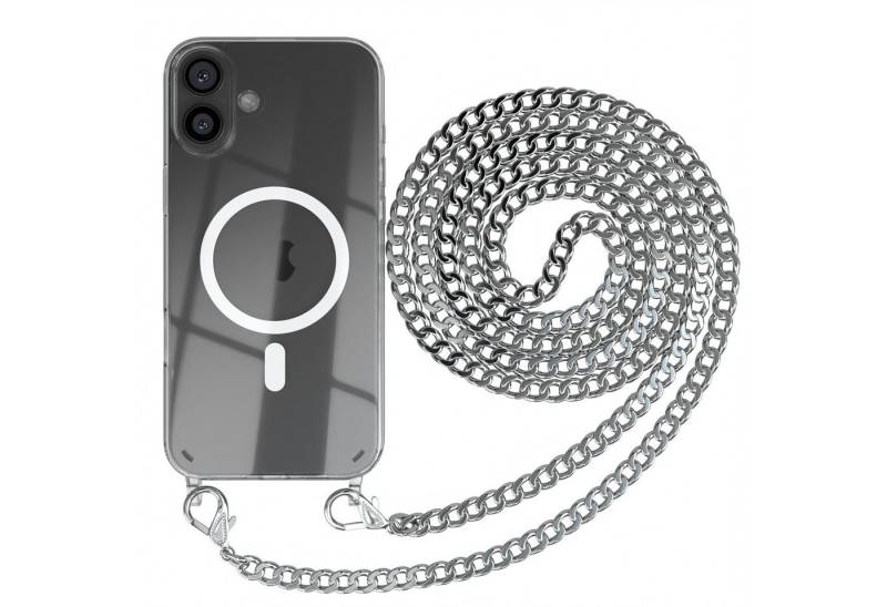 EAZY CASE Handykette 2in1 Metallkette MagSafe Hülle für iPhone 16 Plus 6,7 Zoll, MagSafe Tasche mit Kette Metallkette Handykette Umhängetasche Silber von EAZY CASE