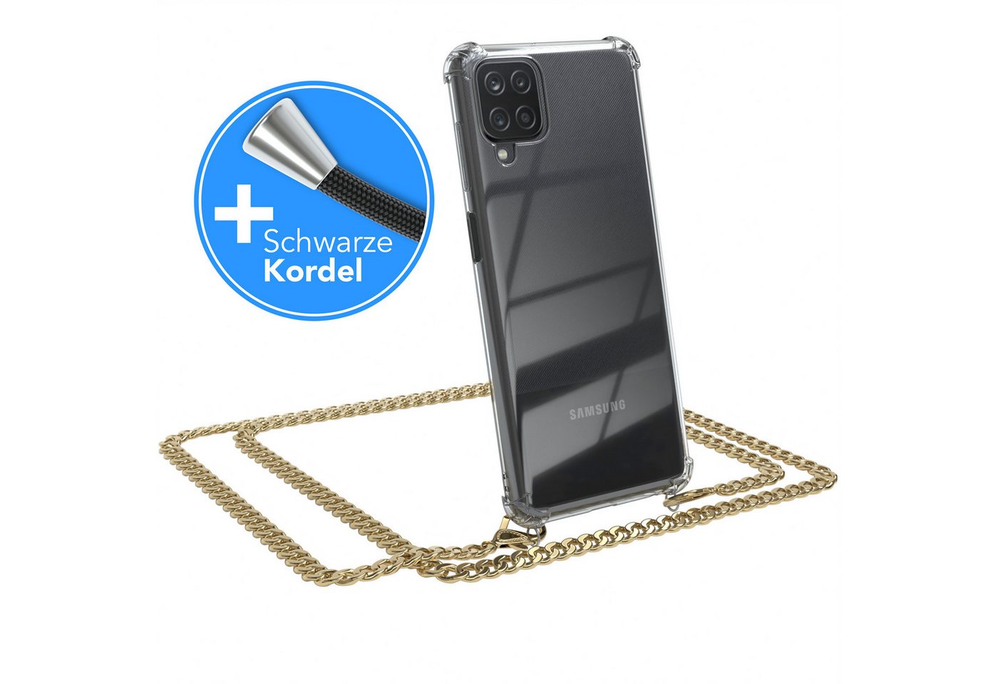 EAZY CASE Handykette 2in1 Metallkette für Samsung Galaxy A12 6,5 Zoll, Hülle mit Band Silikonhülle durchsichtig Necklace Cover Slimcover Gold EAZY CASE Handykette 2in1 Metallkette für Samsung Galaxy A12 6,5 Zoll, Hülle mit Band Silikonhülle durchsichtig Necklace Cover Slimcover Gold von EAZY CASE
