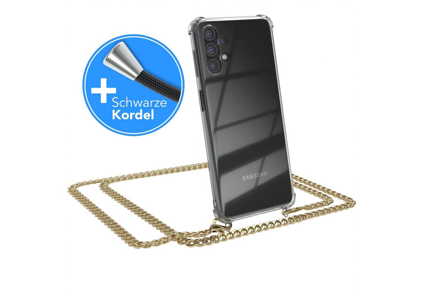 EAZY CASE Handykette 2in1 Metallkette für Samsung Galaxy A32 5G 6,5 Zoll, Hülle mit Band Silikonhülle durchsichtig Necklace Cover Slimcover Gold EAZY CASE Handykette 2in1 Metallkette für Samsung Galaxy A32 5G 6,5 Zoll, Hülle mit Band Silikonhülle durchsichtig Necklace Cover Slimcover Gold von EAZY CASE