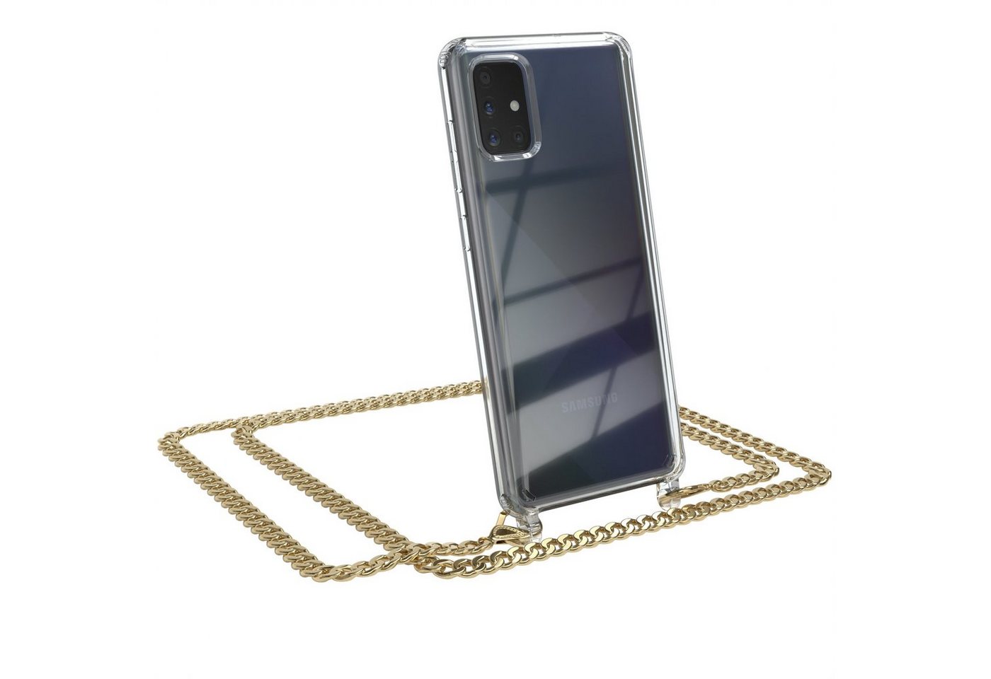 EAZY CASE Handykette 2in1 Metallkette für Samsung Galaxy A71 6,7 Zoll, Hülle mit Band Silikonhülle durchsichtig Necklace Cover Slimcover Gold von EAZY CASE