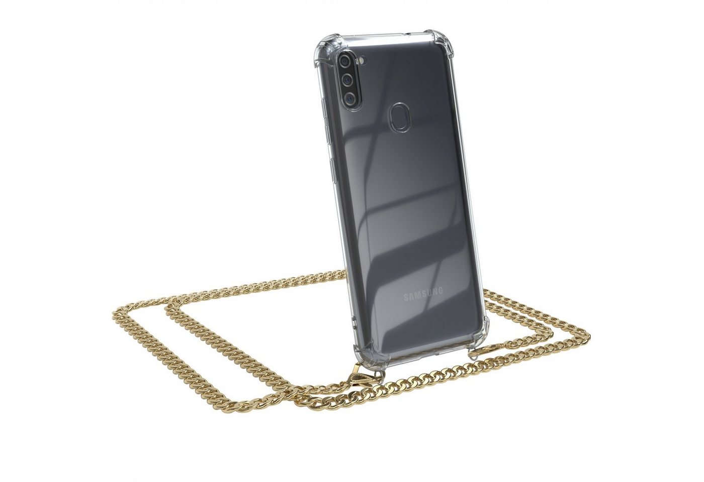 EAZY CASE Handykette 2in1 Metallkette für Samsung Galaxy M11 6,4 Zoll, Hülle mit Band Silikonhülle durchsichtig Necklace Cover Slimcover Gold EAZY CASE Handykette 2in1 Metallkette für Samsung Galaxy M11 6,4 Zoll, Hülle mit Band Silikonhülle durchsichtig Necklace Cover Slimcover Gold von EAZY CASE