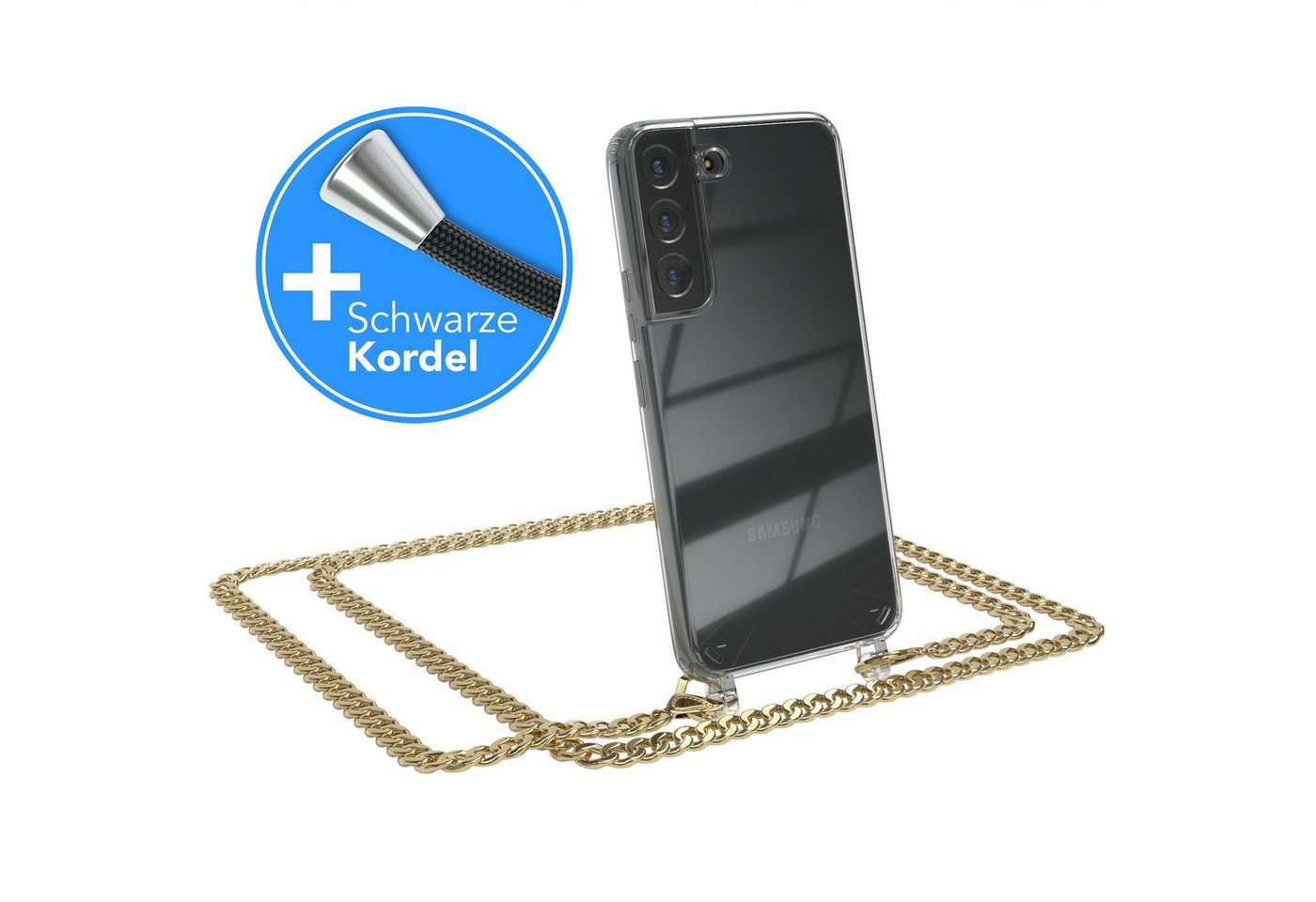 EAZY CASE Handykette 2in1 Metallkette für Samsung Galaxy S22 5G 6,1 Zoll, Hülle mit Band Silikonhülle durchsichtig Necklace Cover Slimcover Gold EAZY CASE Handykette 2in1 Metallkette für Samsung Galaxy S22 5G 6,1 Zoll, Hülle mit Band Silikonhülle durchsichtig Necklace Cover Slimcover Gold von EAZY CASE