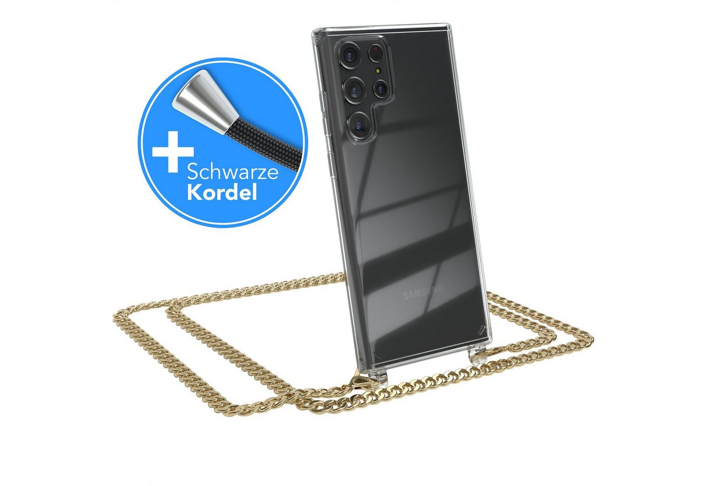 EAZY CASE Handykette 2in1 Metallkette für Samsung Galaxy S22 Ultra 5G 6,8 Zoll, Hülle mit Band Silikonhülle durchsichtig Necklace Cover Slimcover Gold EAZY CASE Handykette 2in1 Metallkette für Samsung Galaxy S22 Ultra 5G 6,8 Zoll, Hülle mit Band Silikonhülle durchsichtig Necklace Cover Slimcover Gold von EAZY CASE