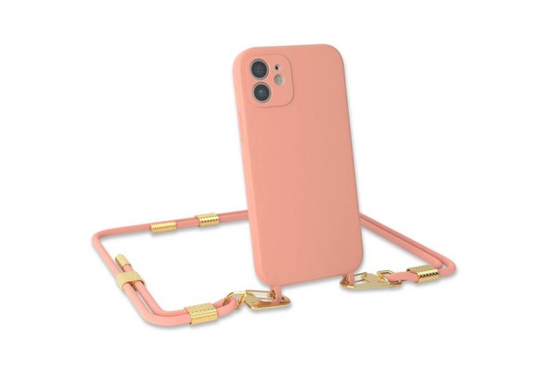 EAZY CASE Handykette Carabiner Chain für Apple iPhone 12 6,1 Zoll, 2 in 1 Handytasche farbige Silikon Hülle mit Umhängeband Altrosa Coral von EAZY CASE