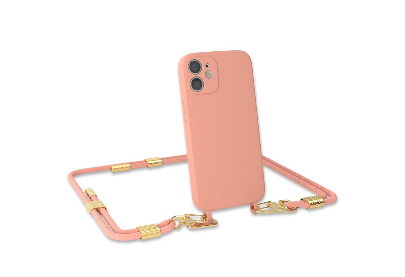 EAZY CASE Handykette Carabiner Chain für Apple iPhone 12 Mini 5,4 Zoll, 2 in 1 Handytasche farbige Silikon Hülle mit Umhängeband Altrosa Coral von EAZY CASE