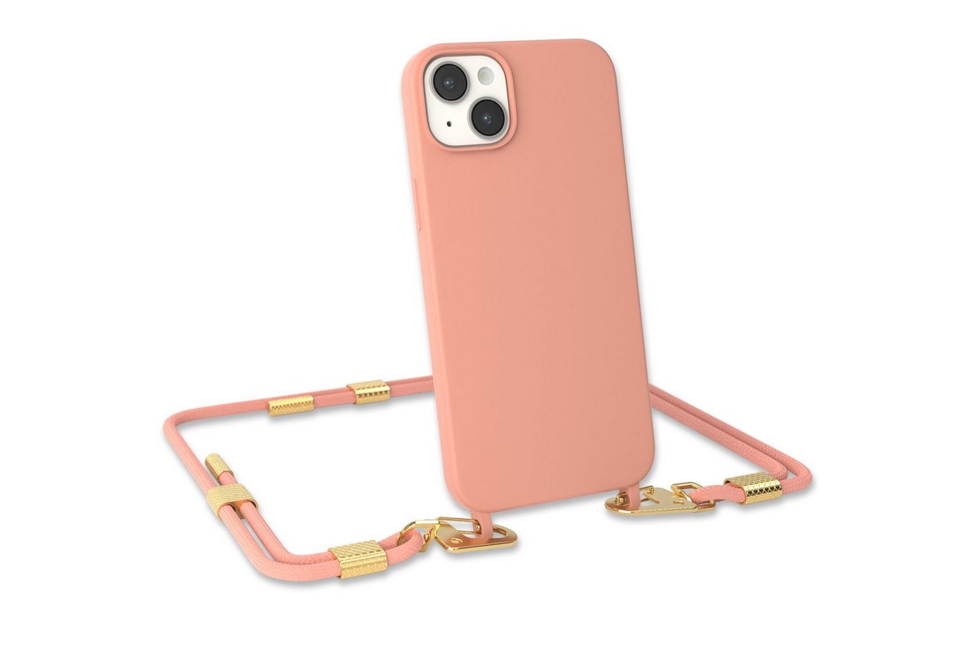 EAZY CASE Handykette Carabiner Chain für Apple iPhone 14 Plus 6,7 Zoll, 2 in 1 Handytasche farbige Silikon Hülle mit Umhängeband Altrosa Coral von EAZY CASE