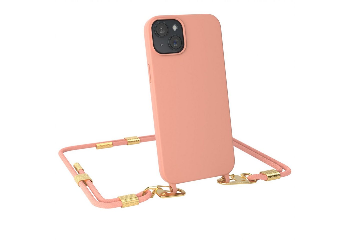 EAZY CASE Handykette Carabiner Chain für Apple iPhone 15 Plus 6,7 Zoll, 2 in 1 Handytasche farbige Silikon Hülle mit Umhängeband Altrosa Coral von EAZY CASE