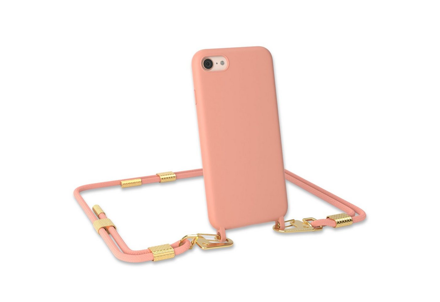 EAZY CASE Handykette Carabiner Chain für iPhone SE 2022 / 2020 / iPhone 8/7 4,7 Zoll, 2 in 1 Handytasche farbige Silikon Hülle mit Umhängeband Altrosa Coral von EAZY CASE