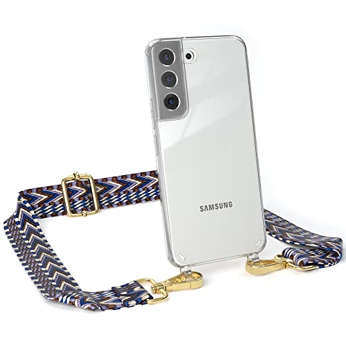 EAZY CASE Handykette - Flexibler Trageriemen kompatibel mit Samsung Galaxy S22, Schultergurt zum Umhängen, Taschenriemen, Band zum austauschen, Wechselgurt, Blau/Weiß - Metall Gold von EAZY CASE