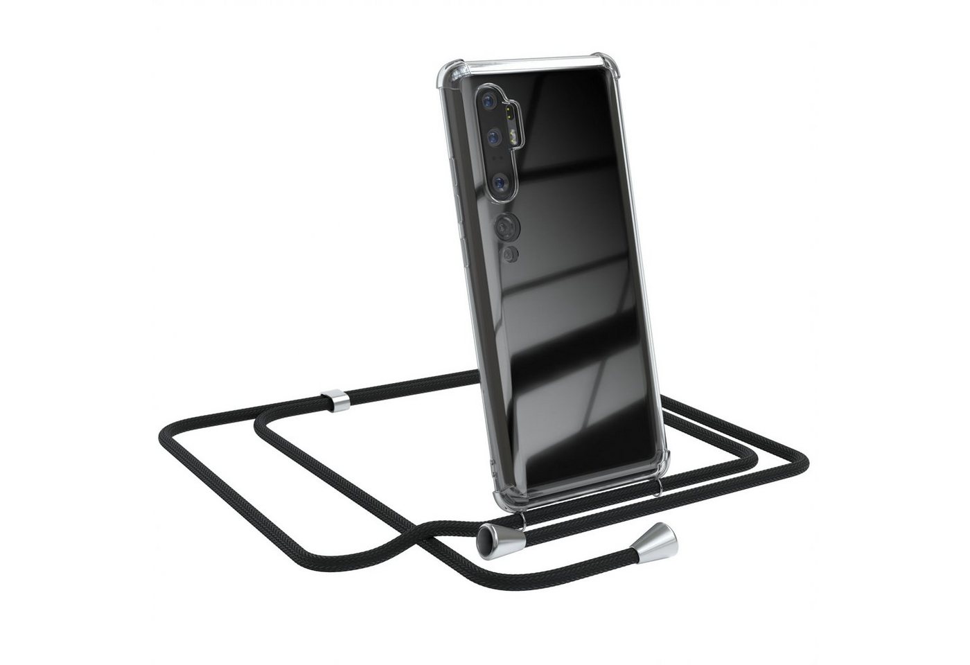 EAZY CASE Handykette Hülle mit Kette für Xiaomi Mi Note 10 / Pro 6,47 Zoll, Handykette Hülle mit Band Slimcover Schutzhülle Schwarz Clips Silber von EAZY CASE