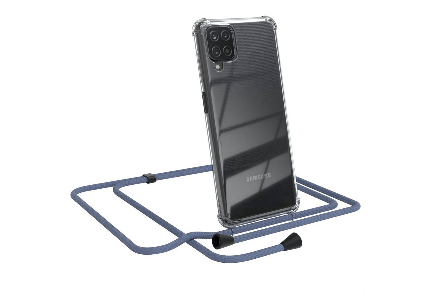 EAZY CASE Handykette Kette Clips Schwarz für Samsung Galaxy A12 6,5 Zoll, Silikonhülle Transparent Handyhülle mit Kordel Kette zum Umhängen Blau von EAZY CASE