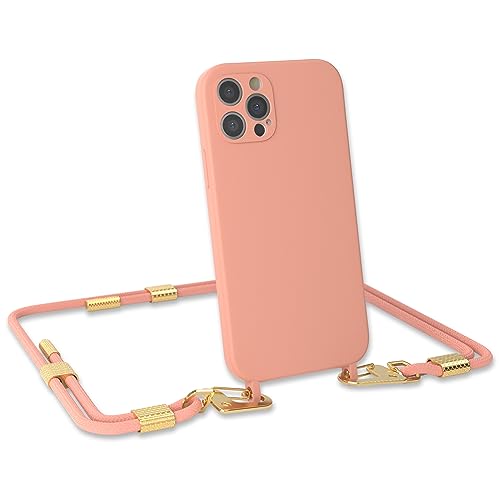 EAZY CASE - Handykette Silikon mit Clips 2 in 1 kompatibel mit iPhone 12 Pro Handyhülle mit Umhängeband, Handykordel mit Silikon, Hülle mit Band, Kette für Smartphone, Koralle - Clips Gold von EAZY CASE