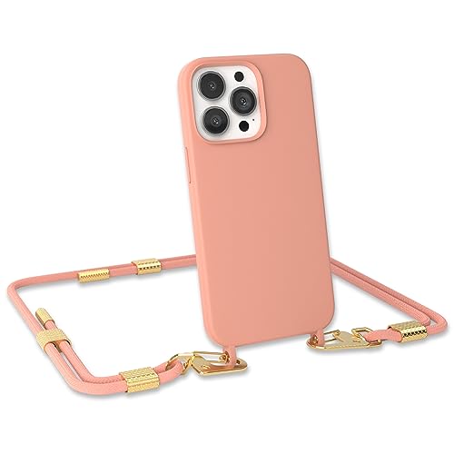 EAZY CASE - Handykette Silikon mit Clips 2 in 1 kompatibel mit iPhone 13 Pro Handyhülle mit Umhängeband, Handykordel mit Silikon, Hülle mit Band, Kette für Smartphone, Koralle - Clips Gold von EAZY CASE