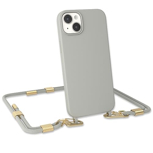 EAZY CASE - Handykette Silikon mit Clips 2 in 1 kompatibel mit iPhone 14 Plus Handyhülle mit Umhängeband, Handykordel mit Silikon, Hülle mit Band, Kette für Smartphone, Taupe - Clips Matt Gold von EAZY CASE