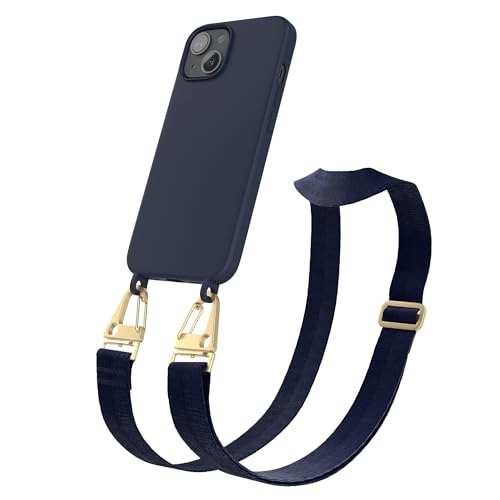 EAZY CASE - Handykette Silikon mit Karabiner - kompatibel mit iPhone 13 Handyhülle mit breitem Umhängeband, Handykordel mit Silikon, Hülle, Kette für Smartphone, Riemen, Nacht Blau - Clips Gold von EAZY CASE