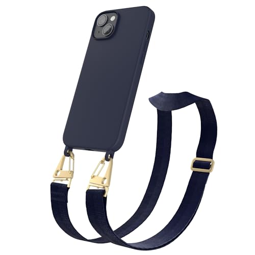 EAZY CASE - Handykette Silikon mit Karabiner - kompatibel mit iPhone 14 Plus Handyhülle mit breitem Umhängeband, Handykordel mit Silikon, Hülle, Kette für Smartphone, Riemen, Nacht Blau - Clips Gold von EAZY CASE