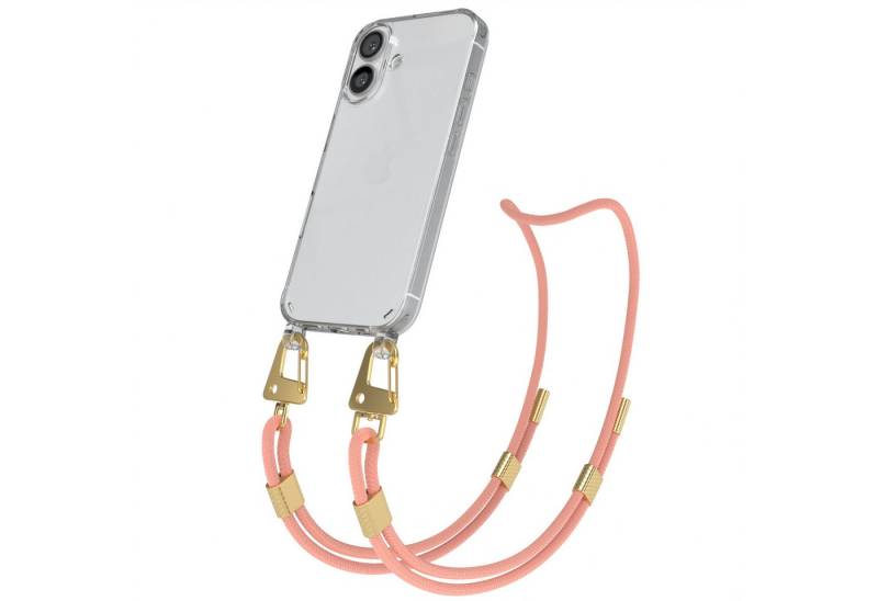EAZY CASE Handykette Silikonhülle mit runder Kette für Apple iPhone 16 6,1 Zoll, Handytasche durchsichtige Silikon Hülle mit Umhängeband Altrosa Coral von EAZY CASE