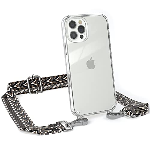 EAZY CASE Handykette - Verstellbarer Gurt kompatibel mit iPhone 12/12 Pro, Schulterriemen, Flache Kordel, Handykordel mit Hülle, Hülle mit Kette, Anthrazit/Schwarz - Metall Silber von EAZY CASE