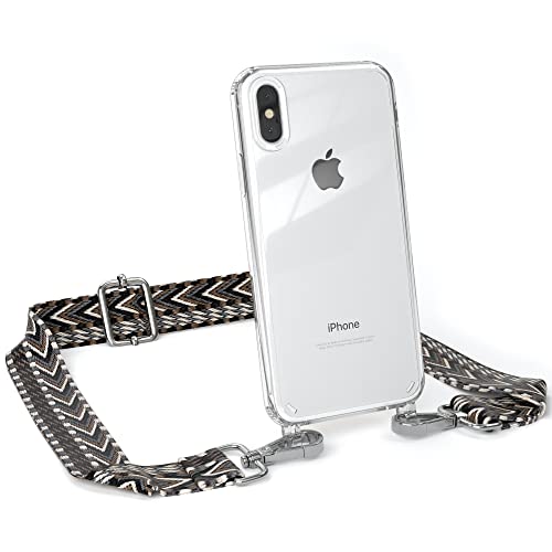 EAZY CASE Handykette - Verstellbarer Gurt kompatibel mit iPhone XS Max, Schulterriemen, Flache Kordel, Handykordel mit Hülle, Hülle mit Kette, Anthrazit/Schwarz - Metall Silber von EAZY CASE