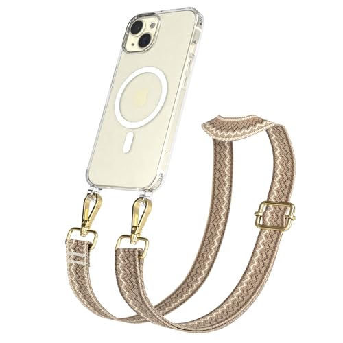 EAZY CASE Handykette - Verstellbares Taschenband kompatibel mit iPhone 15, Schulterriemen, Handykordel mit Silikon Hülle, Qi Charging kompatibel, Umhängetasche, Wellen - Hell Braun Braun Metall Gold von EAZY CASE