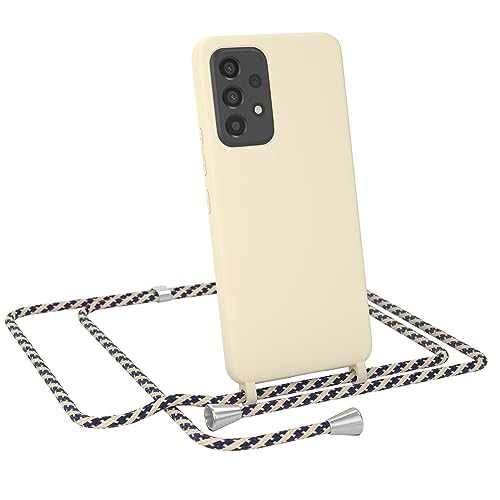 EAZY CASE - Handykette austauschbares Band - kompatibel mit Samsung Galaxy A53 5G Silikon Necklace(abnehmbar),Stoßdämpfung bei Sturz, Taupe mit Taupe/Blau Camouflage Clip Silber von EAZY CASE