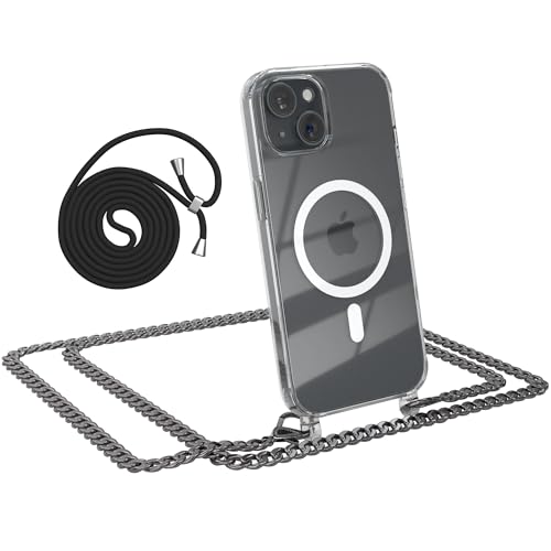EAZY CASE - Handykette kompatibel mit iPhone 15 Kette zum Umhängen Stoßfest Handyhülle für iPhone 15 Silikon Hülle mit Band aus Metall Transparent als Fallschutz in Metall - Anthrazit von EAZY CASE