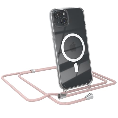 EAZY CASE - Handykette kompatibel mit iPhone 15 Plus Kette zum Umhängen Stoßfest Handyhülle für iPhone 15 Plus Silikon Hülle mit Band Handytasche Transparent als Fallschutz in Rosé-Gold von EAZY CASE
