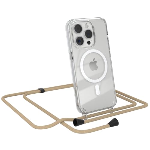 EAZY CASE - Handykette kompatibel mit iPhone 15 Pro Kette zum Umhängen Stoßfest Handyhülle für iPhone 15 Pro Silikon Hülle mit Band Handytasche Transparent als Fallschutz in Taupe - Clips Schwarz von EAZY CASE