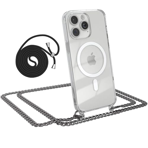 EAZY CASE - Handykette kompatibel mit iPhone 15 Pro Max Kette zum Umhängen Stoßfest Handyhülle für iPhone 15 Pro Max Silikon Hülle mit Band aus Metall Transparent als Fallschutz in Metall - Anthrazit von EAZY CASE
